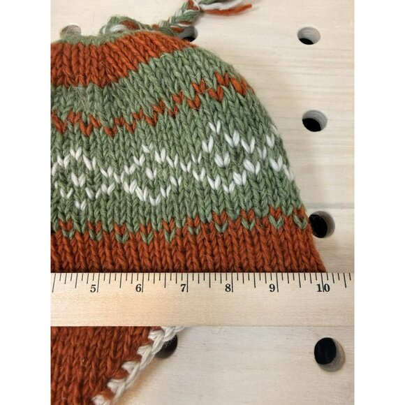 D&Y 100% Wool Knit Earflap Beanie Hat Fleece Lined Nepal Orange Green Nordic - Picture 11 of 12